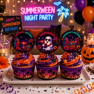 May include: Three cupcakes with purple and orange swirled frosting in patterned liners, each topped with a circular card featuring tropical Halloween illustrations, including a ghost and a jack-o'-lantern, with text reading Summerween Birthday.