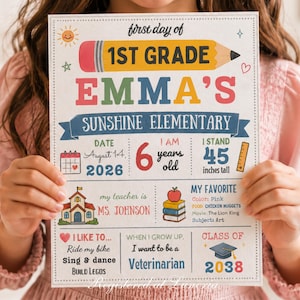 May include: A personalised first day of 1st grade sign for Emma at Sunshine Elementary. The white poster features a yellow pencil graphic, school icons, and text detailing the date 14 August 2026, age 6, height 114 cm, teacher Ms. Johnson, and personal favourites.