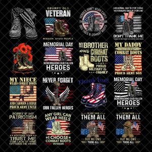 May include: Collection of patriotic designs featuring combat boots, American flags, and military-themed text. Designs include phrases like "Grumpy Old Veteran," "Memorial Day," and "Never Forget," with various graphic styles.