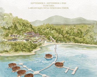 May include: A watercolor save the date card featuring Max & Jennie, September 2-5, 2026, at Ta'aktana, Labuan Bajo, Nusa Tenggara Timur. The illustration depicts a coastal resort with overwater bungalows connected by wooden walkways on blue water.