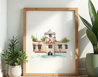 May include: Watercolor painting of a building with a light brown wooden frame. The building has a light brown brick facade, a white tower, and a red tile roof. Green plants are on the roof. The painting is signed in the bottom left corner.