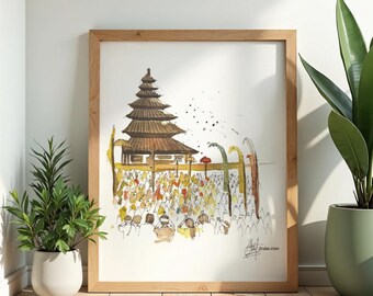 May include: Watercolor painting of a Balinese temple with a multi-tiered roof, surrounded by a crowd of people. The artwork is framed in a light wood frame and displayed on a wooden floor. Green plants in white and green pots are on either side.