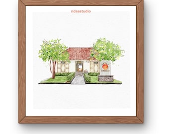 May include: Watercolor painting of a white building with a red tile roof, flanked by green trees. A stone path leads to the entrance. A sign with text and a sun graphic is on the right. The artist's name, "ndaastudio", is in the upper left corner.