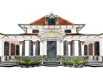 May include: Watercolor illustration of a white building with a red-tiled roof and a domed entrance. The building has arched openings and is surrounded by greenery. The artwork is signed with the artist's name.