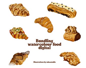 May include: Watercolor illustration of various baked goods, including croissants and pastries. The image features the text "Bundling watercolour food digital" and "illustrations by ndastudio". The baked goods are in shades of brown and gold.