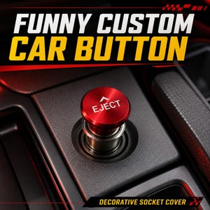 May include: A circular red metal car socket cover featuring the white text EJECT and an upward-pointing arrow symbol. The button is installed in a black plastic vehicle console socket, designed to replace a standard cigarette lighter plug.