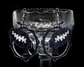 Bride of Frankenstein Monster Silhouette Onyx Glitter Earrings with Glow In The Dark Streak