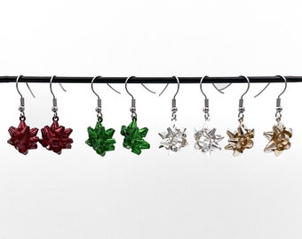 Metal Holiday Present Bow Earrings