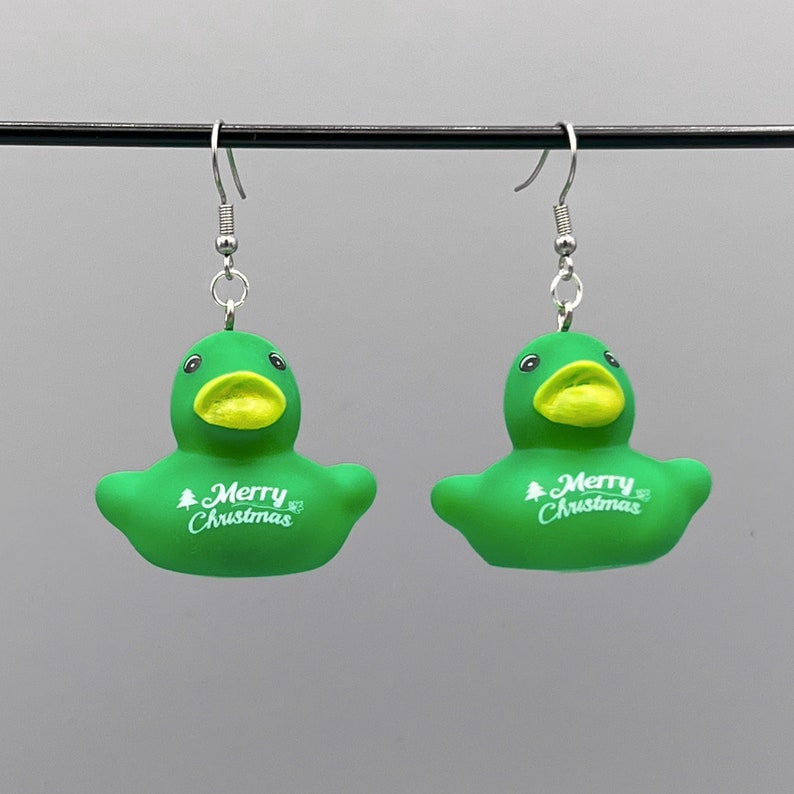 Merry Christmas Rubber Ducky Earrings Green