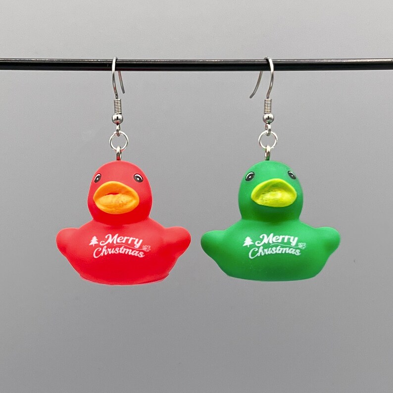 Merry Christmas Rubber Ducky Earrings Red / Green