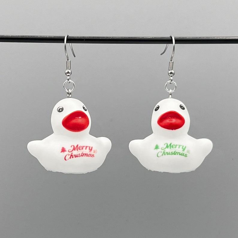 Merry Christmas Rubber Ducky Earrings White