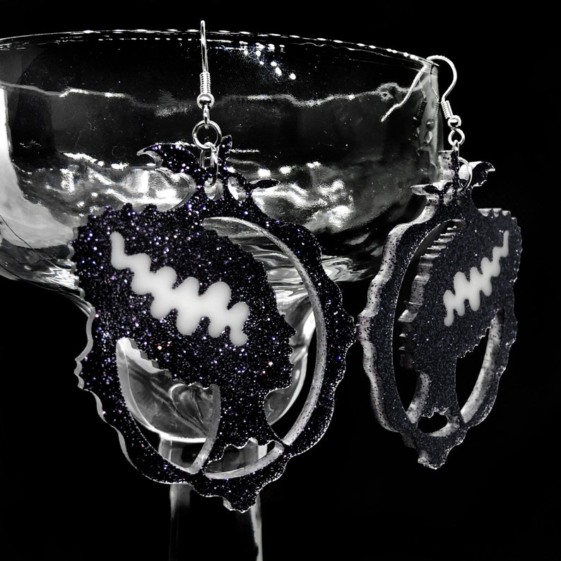 Bride of Frankenstein Monster Silhouette Onyx Glitter Earrings with Glow In The Dark Streak image 3