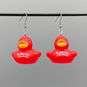 Merry Christmas Rubber Ducky Earrings Red