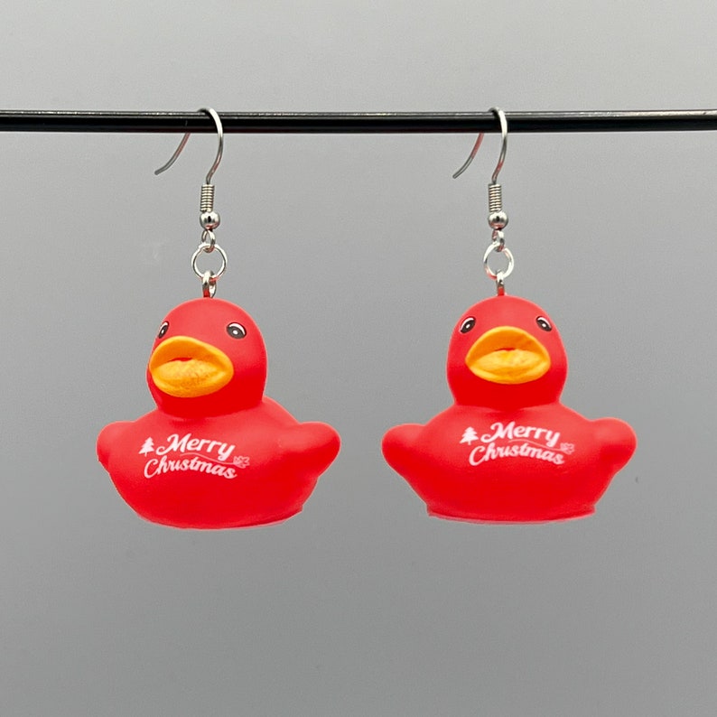 Merry Christmas Rubber Ducky Earrings Red