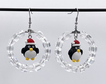 Winter Ice Hoop Holiday Penguin Earrings