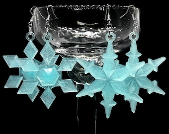 Icy Glittering Light Blue Large Glow In The Dark Snowflake Earrings