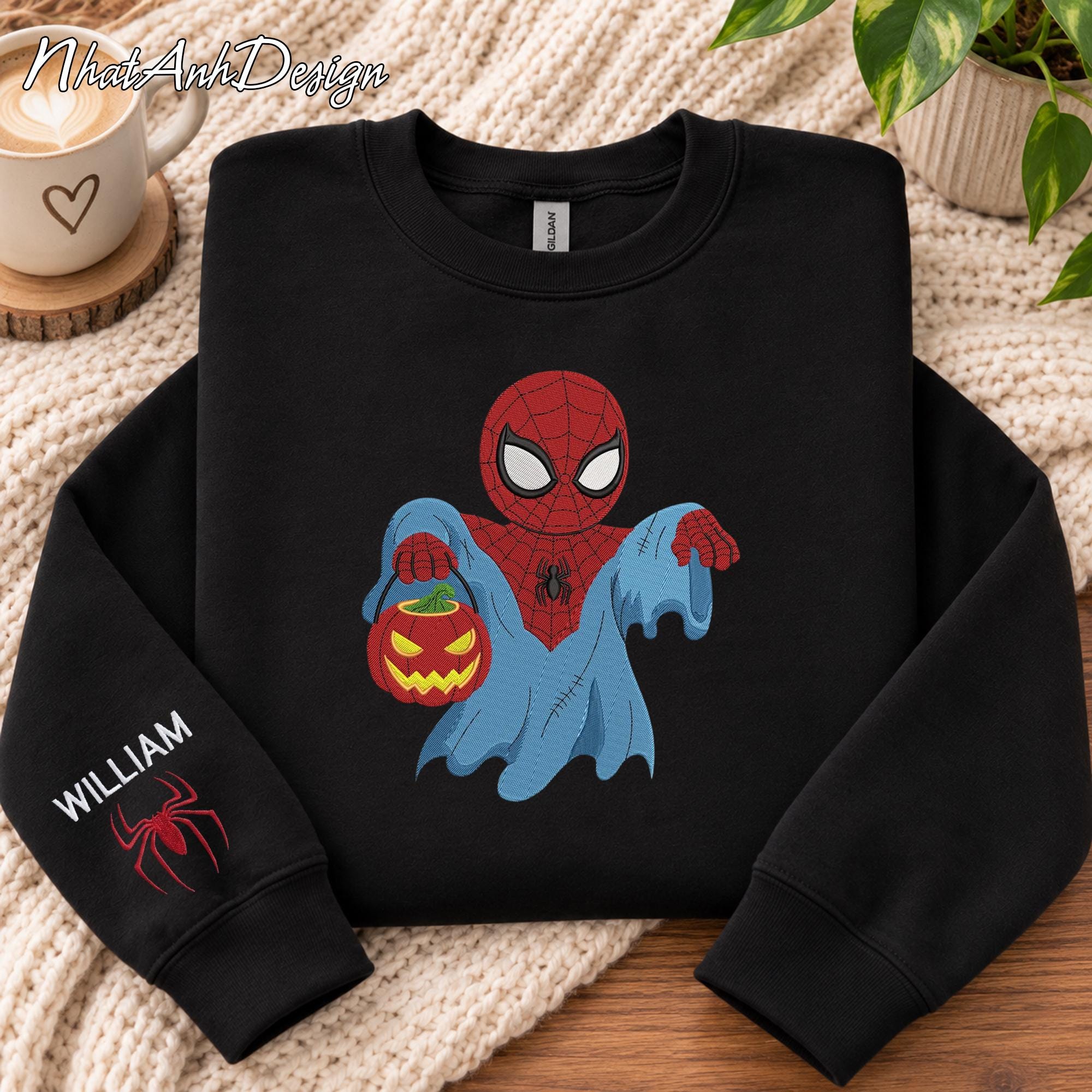 Embroidered Halloween Superhero Sweatshirt, Spooky Hero Crewneck, Cartoon Style Embroidered Shirt, Cozy Fall Pullover, Halloween Gift