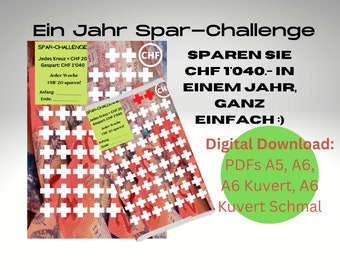 CHF 1'040 Sparchallenge sofortiger Digitaler Download, passend für A5 und A6 Binder, A6 Umschlag, und Umschlag schmal. Schweizer Währung