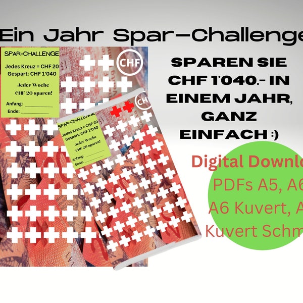 CHF 1'040 Sparchallenge sofortiger Digitaler Download, passend für A5 und A6 Binder, A6 Umschlag, und Umschlag schmal. Schweizer Währung