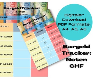 Bargeld-Tracker für Noten. Erhältlich in Schweizer Franken. Sofort Digitaler Download. PDFs A4, A5, A6