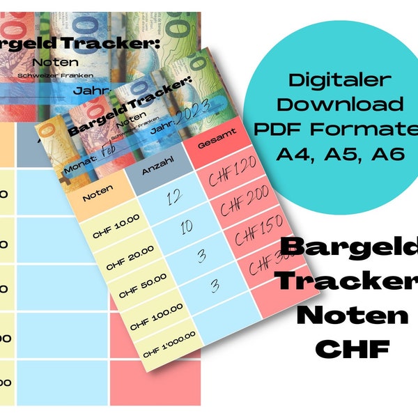 Bargeld-Tracker für Noten. Erhältlich in Schweizer Franken. Sofort Digitaler Download. PDFs A4, A5, A6