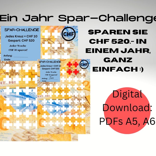 CHF 520 Sparchallenge Digitaler Download, passend für A6 und A5 Binder, Sofort Download, Schweizer Währung