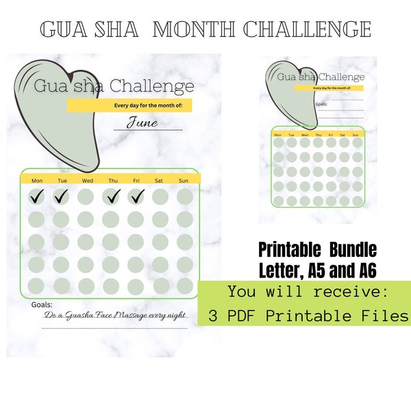 Gua sha Monthly Challenge Printable PDF, Letter, A5 and A6, Daily Mindfulness for Selfcare, undated Printable