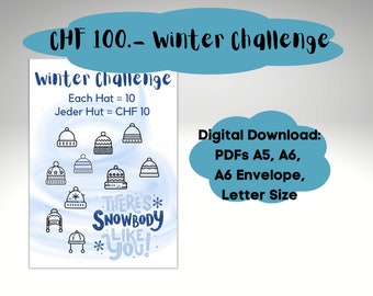 Winter Saving Challenge, Colour and Save. CHF 100 / 100. 4 PDF Formats, Cash stuffing, A5, A6, A6 Zipper Bag, Letter Size
