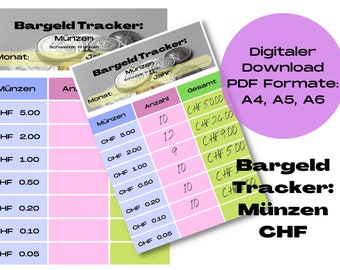 Bargeld-Tracker für Ihre Münzen. Erhältlich in Schweizer Franken. Sofort Digitaler Download. PDFs A4, A5, A6