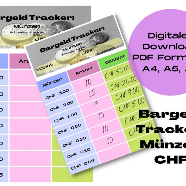 Bargeld-Tracker für Ihre Münzen. Erhältlich in Schweizer Franken. Sofort Digitaler Download. PDFs A4, A5, A6