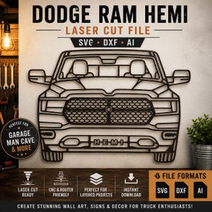 Pode incluir: Uma placa de madeira cortada a laser com a vista frontal de uma caminhonete Dodge Ram Hemi. A placa inclui o texto "DODGE RAM HEMI" e "LASER CUT FILE". Adequada para arte de parede e decoração. Formatos SVG, DXF e AI.