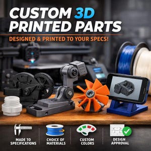 May include: An assortment of custom 3D printed parts in various colors and designs. The image includes a gear, a fan, and a phone stand. Text on the image reads "CUSTOM 3D PRINTED PARTS DESIGNED & PRINTED TO YOUR SPECS!" and "MADE TO SPECIFICATIONS, CHOICE OF MATERIALS, CUSTOM COLORS, DESIGN APPROVAL."