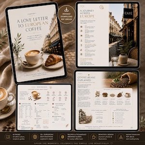 May include: A digital PDF ebook titled A Love Letter to European Coffee, featuring pages with text, illustrations, and photographs of coffee, croissants, and European street scenes. The layout includes coffee bean guides, brewing charts, and shopping lists.