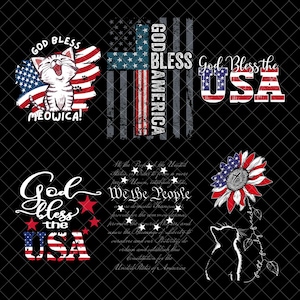 Puede incluir: Una colección de seis diseños gráficos patrióticos que incluyen un gatito con una bandera estadounidense, una cruz con el texto God Bless America, la frase God Bless the USA, un diseño con estrellas, el texto de la Constitución de EE. UU. y un girasol con un gatito.