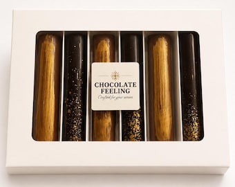 Confezione regalo di barrette di cioccolato belga, bastoncini di pralina artigianali, selezione gourmet.