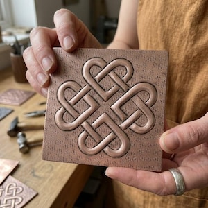 Könnte beinhalten: Eine quadratische Kupferfliese mit einem geprägten keltischen Knotenmuster. Die Fliese wird gehalten, wodurch die detaillierten erhabenen Muster hervorgehoben werden. Das Kupfer hat einen warmen, rötlich-braunen Farbton. Im Hintergrund sind weitere Werkzeuge zu sehen.