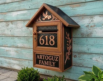Handmade Embossed Personalizable Copper and Wood Mailbox - Custom Outdoor Home Decor