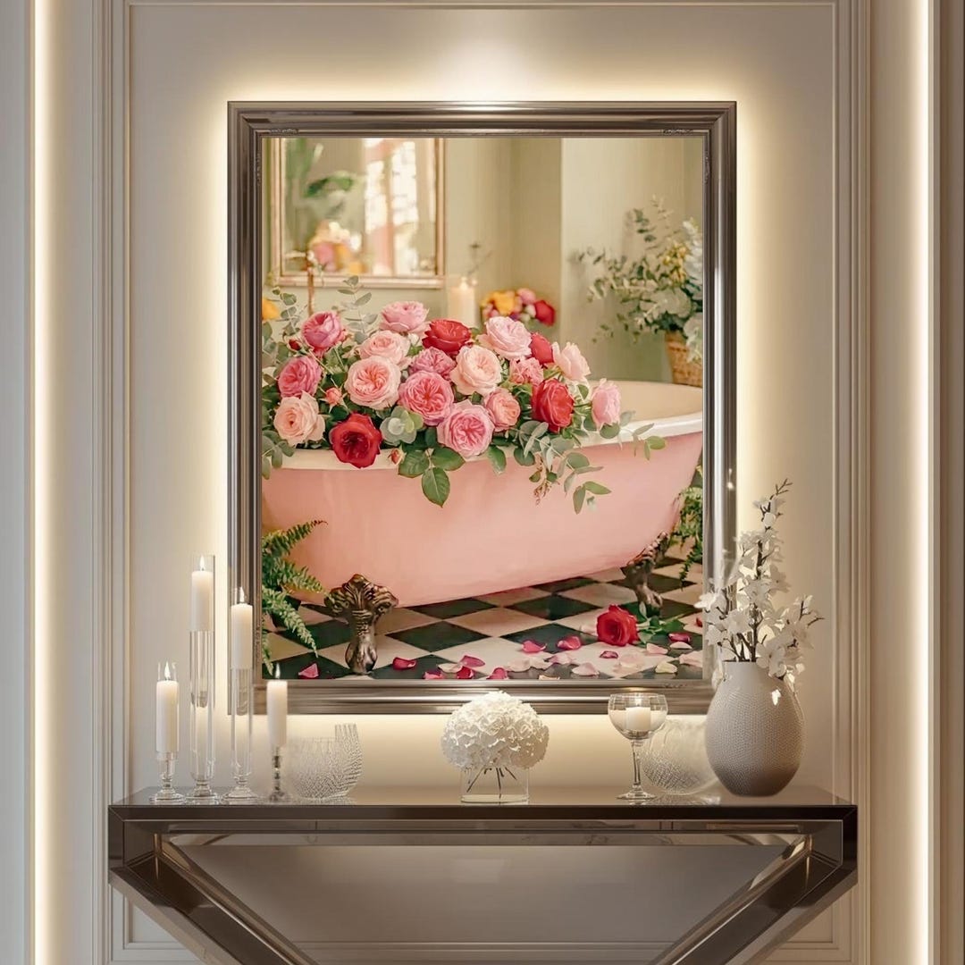 Pink Bathtub Floral Printable Wall Art, Romantic Bathroom Decor ...