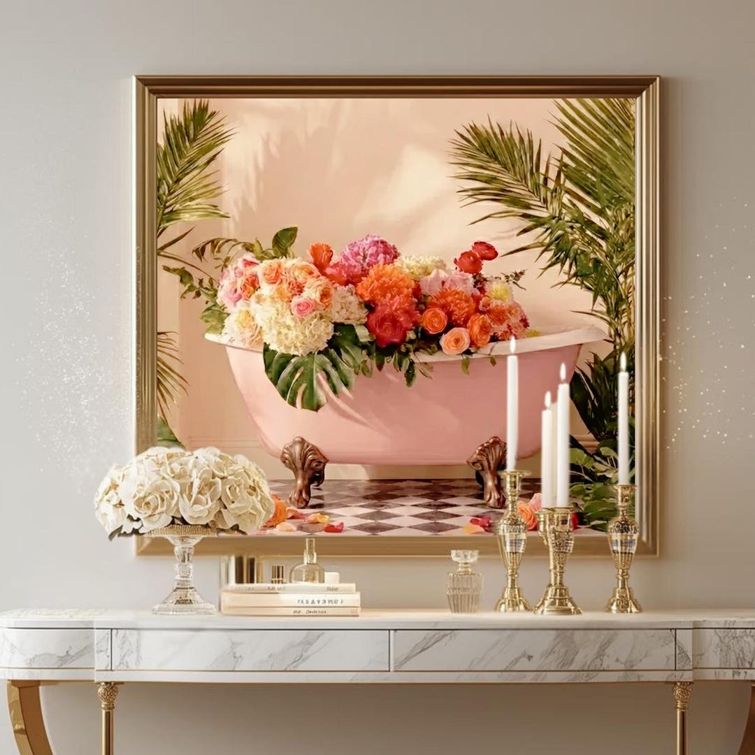 Pink Bathtub Floral Wall Art Printable, Vintage Bathroom Decor ...