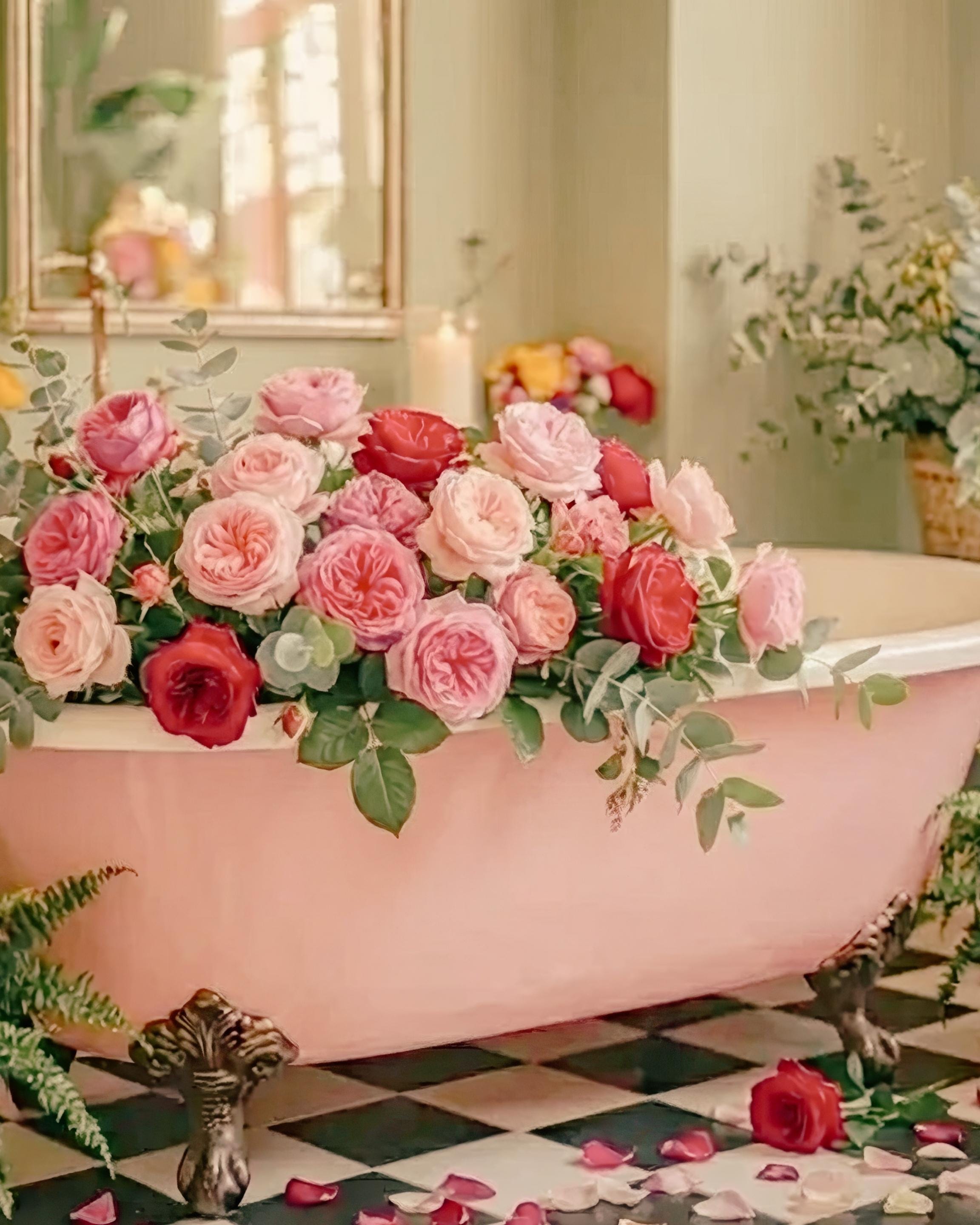 Pink Bathtub Floral Printable Wall Art, Romantic Bathroom Decor ...