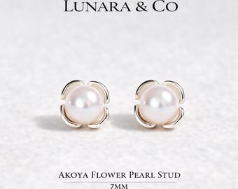 Akoya Pearl Flower Stud Earrings, 7mm, Sterling Silver, Secure Fit, Dainty Floral Pearl