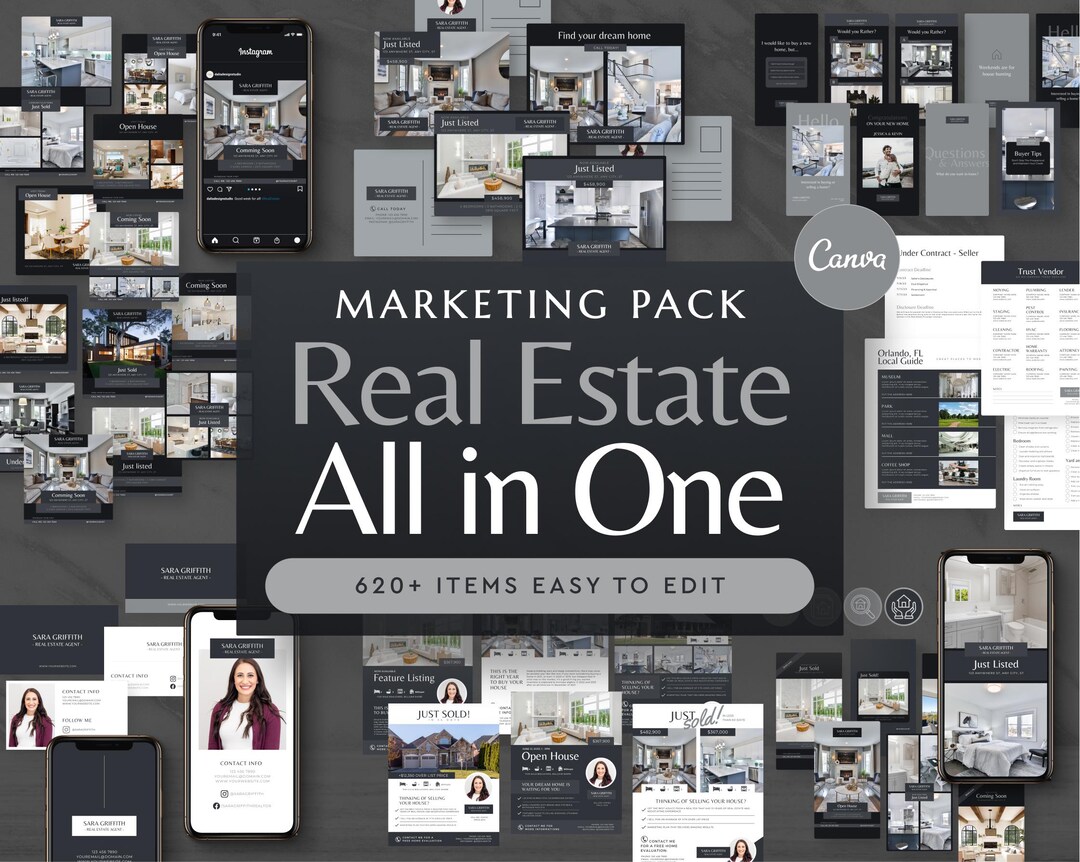 Luxury Real Estate Canva Template: Black Marketing Kit (620+ Items ...