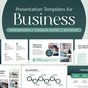 May include: A selection of business presentation templates in teal and white. The title reads "Presentation Templates for Business", with options for PowerPoint, Google Slides, and Keynote. Various slide layouts are shown.