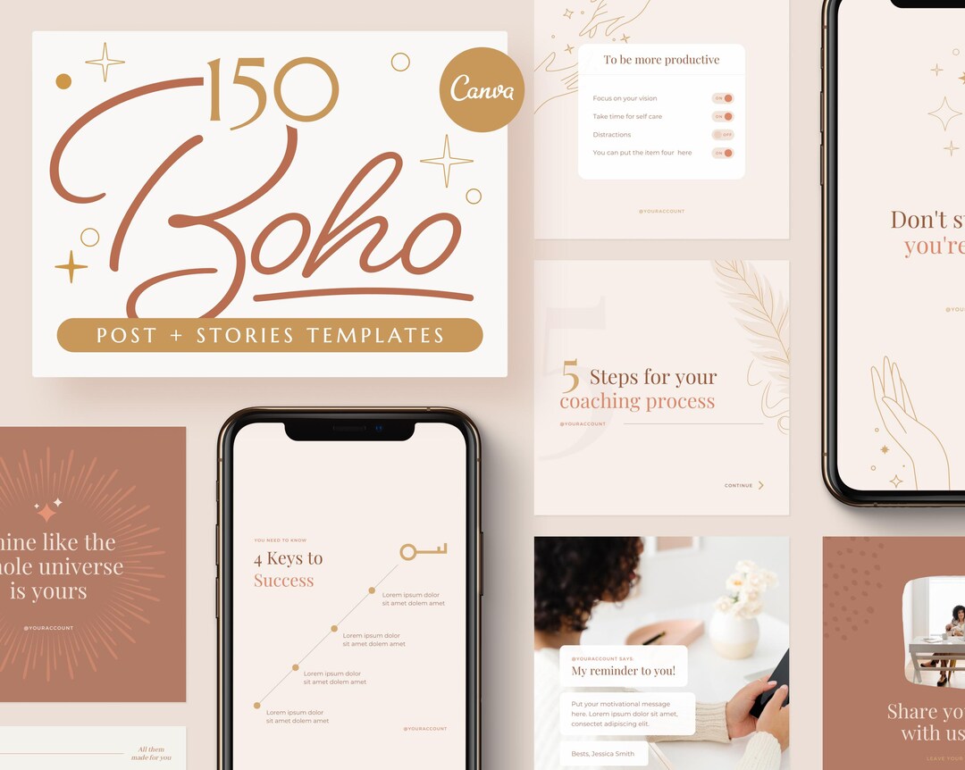 Boho Instagram Post & Story Templates, Canva (150 Total) Digital ...