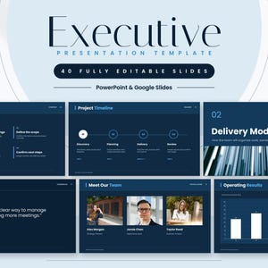 Peut inclure: Un modèle de présentation exécutive comprenant 40 diapositives entièrement modifiables pour PowerPoint et Google Slides. Le design bleu foncé inclut des mises en page pour les calendriers de projet, modèles de livraison, profils d'équipe et graphiques.