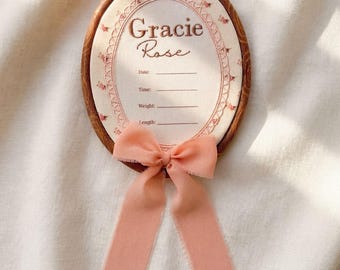 Vintage Newborn Birth Stat Name Sign Embroidered: Floral Heirloom Name Announcement Keepsake for Hospital