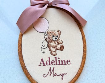 Baby Girl Name Announcement Vintage Heirloom Sign Hospital Embroidered Teddy Bear Nursery  Frame Girls
