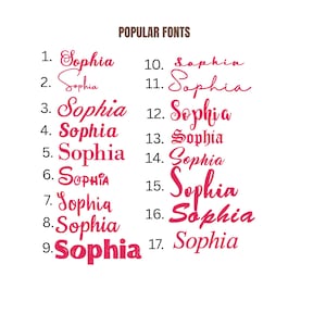 May include: White background with the text "POPULAR FONTS" at the top. Below, seventeen variations of the name "Sophia" are displayed in different fonts and styles, numbered from 1 to 17. The name is primarily in a vibrant pink color.