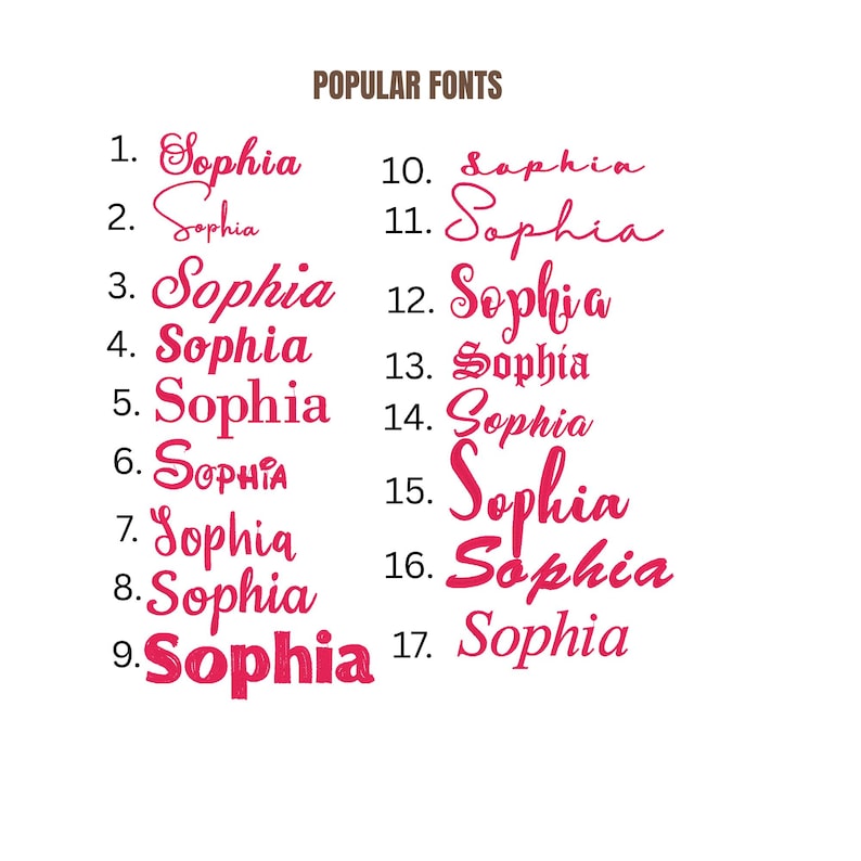 May include: White background with the text "POPULAR FONTS" at the top. Below, seventeen variations of the name "Sophia" are displayed in different fonts and styles, numbered from 1 to 17. The name is primarily in a vibrant pink color.