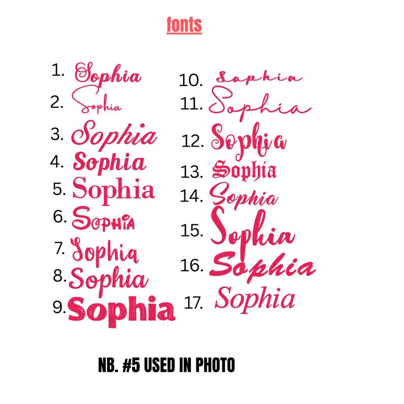 May include: A white background displays 17 variations of the name "Sophia" in different pink fonts. The word "fonts" is at the top. The text "NB. #5 USED IN PHOTO" is at the bottom.